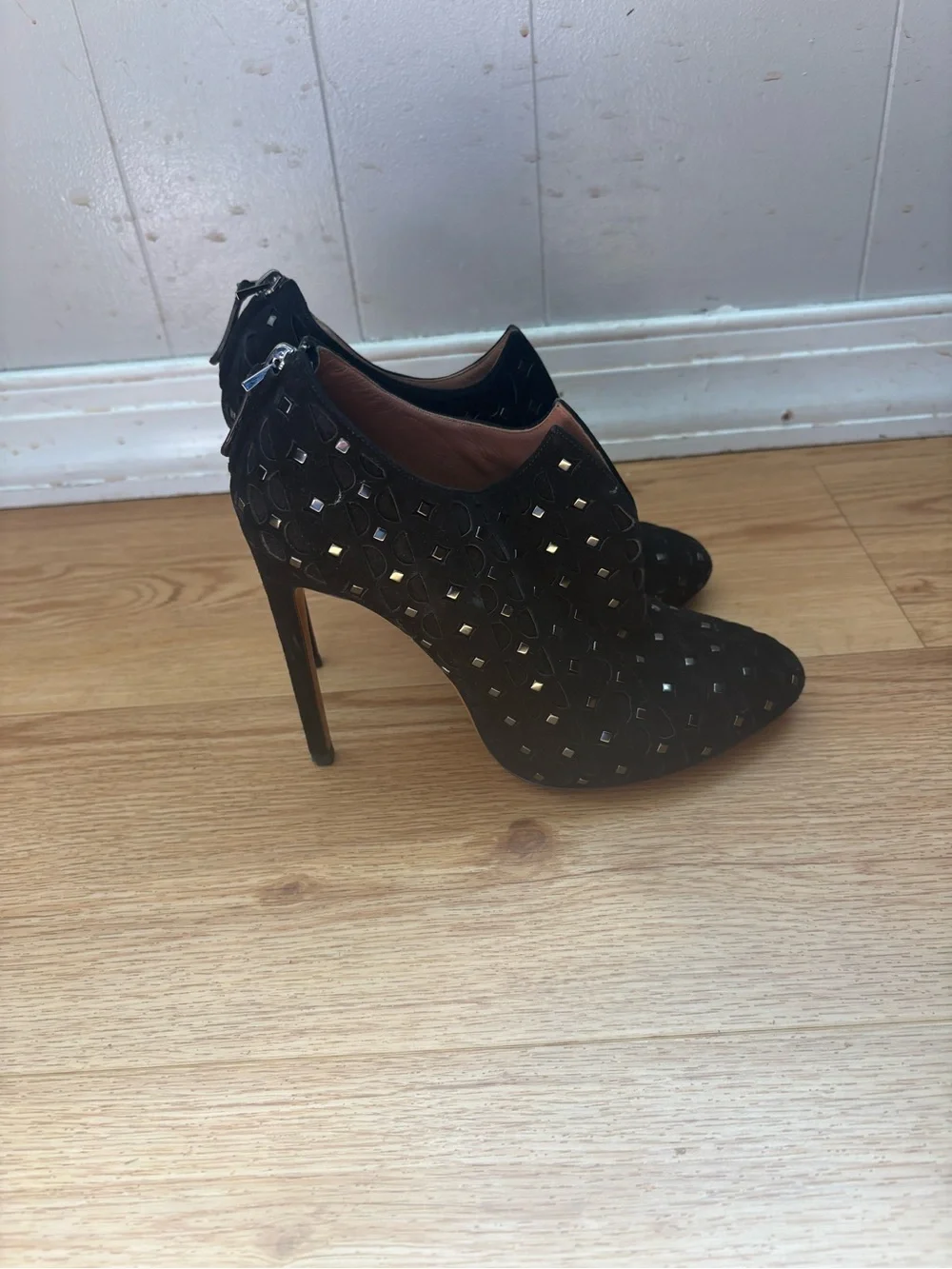 Alaia Black Studded Cutout Women's Suede Ankle Booties